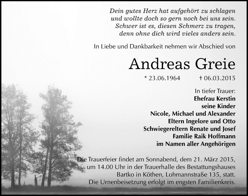  Traueranzeige für Andreas Greie vom 19.03.2015 aus Mitteldeutsche Zeitung Köthen