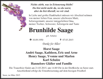 Traueranzeige von Brunhilde Saage von WVG - Wochenspiegel Dessau / Köthen