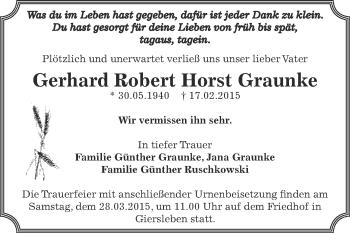 Traueranzeige von Gerhard Robert Horst Graunke von Super Sonntag Aschersleben
