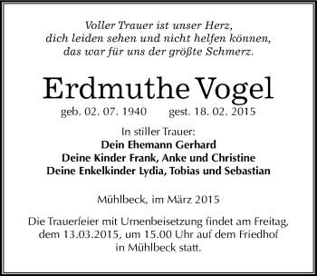 Traueranzeige von Erdmuthe Vogel von Mitteldeutsche Zeitung Bitterfeld