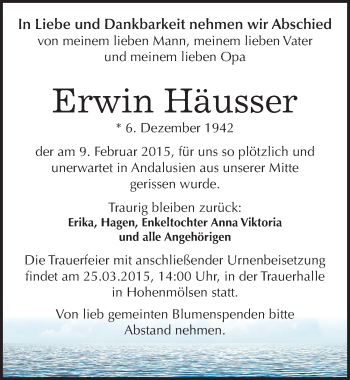 Traueranzeige von Erwin Häusser von Mitteldeutsche Zeitung Weißenfels
