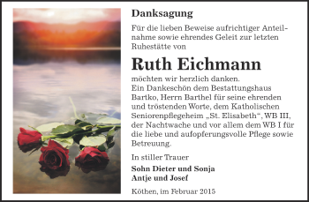 Traueranzeige von Ruth Eichmann von WVG - Wochenspiegel Dessau / Köthen