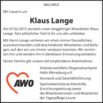 Traueranzeige von Klaus Lange von WVG - Wochenspiegel Halle