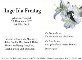 Traueranzeige von Inge Ida Freitag von WVG - Wochenspiegel Bitterfeld