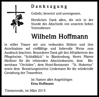 Traueranzeige von Wilhelm Hoffmann von Mitteldeutsche Zeitung Quedlinburg