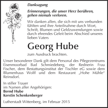 Traueranzeige von Georg Hube von WVG - Wochenspiegel Wittenberg