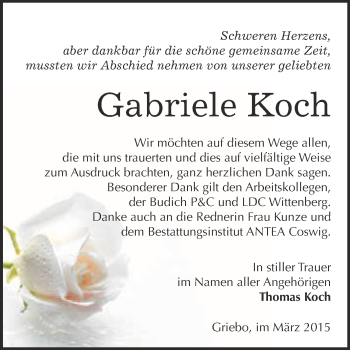 Traueranzeige von Gabriele Koch von Super Sonntag Wittenberg