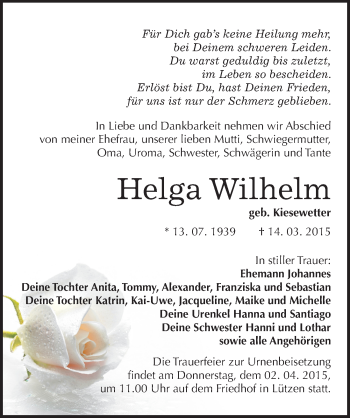 Traueranzeige von Helga Wilhelm von Mitteldeutsche Zeitung Weißenfels