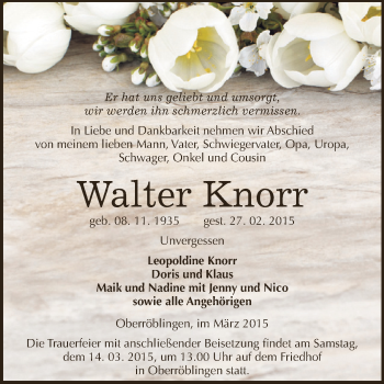 Traueranzeige von Walter Knorr von Super Sonntag SGH Mansf. Land