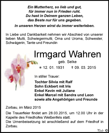 Traueranzeige von Irmgard Wahren von WVG - Wochenspiegel NMB / WSF / ZTZ