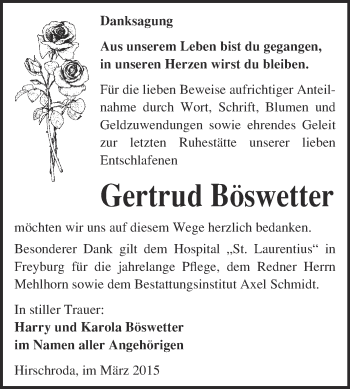 Traueranzeige von Gertrud Böswetter von WVG - Wochenspiegel NMB / WSF / ZTZ