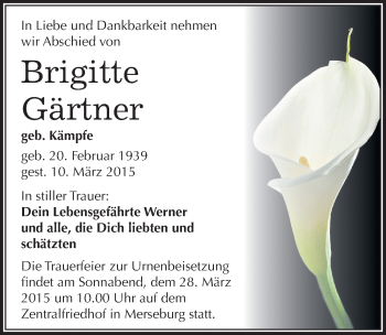 Traueranzeige von Brigitte Gärtner von Mitteldeutsche Zeitung Merseburg/Querfurt