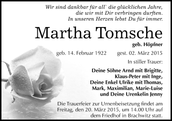Traueranzeige von Martha Tomsche von Mitteldeutsche Zeitung