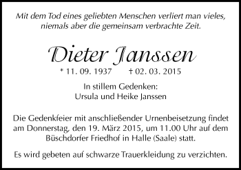 Traueranzeige von Dieter Janssen von Mitteldeutsche Zeitung Halle/Saalkreis