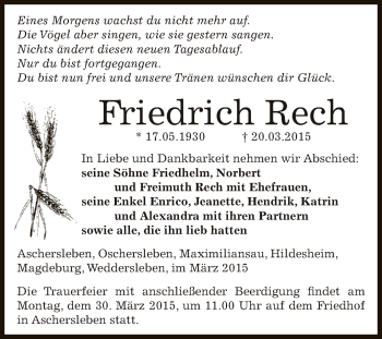 Traueranzeige von Friedrich Rech von Super Sonntag Aschersleben
