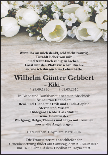 Traueranzeige von Wilhelm Günter Gebbert von Super Sonntag Aschersleben