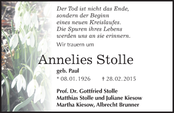 Traueranzeige von Annelies Stolle von Mitteldeutsche Zeitung Halle/Saalkreis
