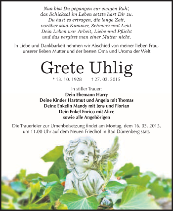 Traueranzeige von Grete Uhlig von WVG - Wochenspiegel Merseburg