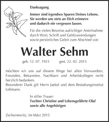 Traueranzeige von Walter Sehm von WVG - Wochenspiegel Wittenberg