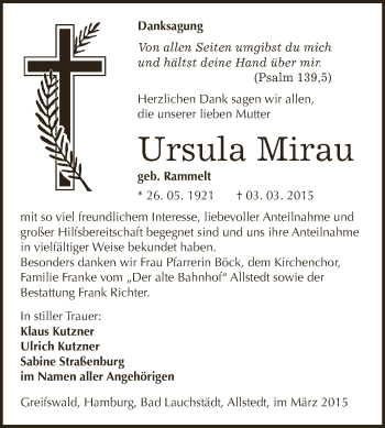 Traueranzeige von Ursula Mirau von Super Sonntag SGH Mansf. Land