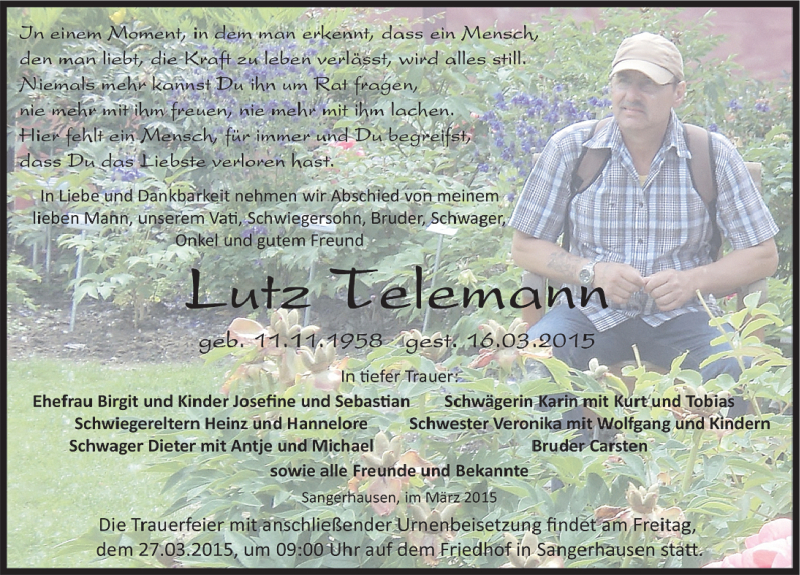  Traueranzeige für Lutz Telemann vom 21.03.2015 aus Mitteldeutsche Zeitung Sangerhausen