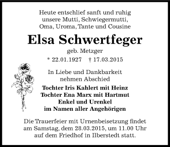 Traueranzeige von Elsa Schwertfeger von Mitteldeutsche Zeitung Bernburg