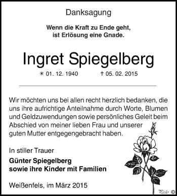 Traueranzeige von Ingret Spiegelberg von WVG - Wochenspiegel NMB / WSF / ZTZ