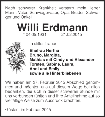 Traueranzeige von Willi Erdmann von Super Sonntag Bernburg