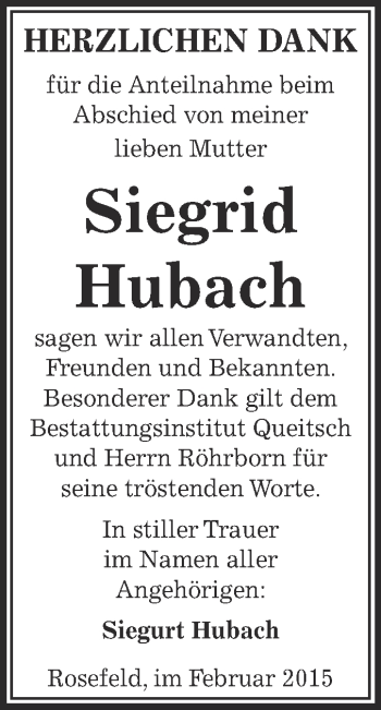 Traueranzeige von Siegrid Hubach von WVG - Wochenspiegel Dessau / Köthen