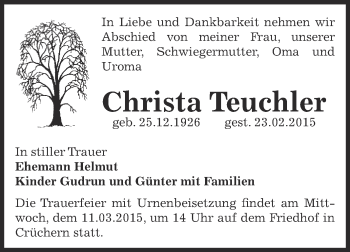 Traueranzeige von Christa Teuchler von Super Sonntag Bernburg