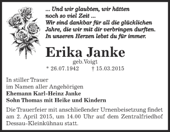 Traueranzeige von Erika Janke von WVG - Wochenspiegel Dessau / Köthen