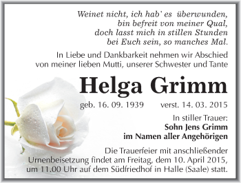 Traueranzeige von Helga Grimm von Mitteldeutsche Zeitung Halle/Saalkreis