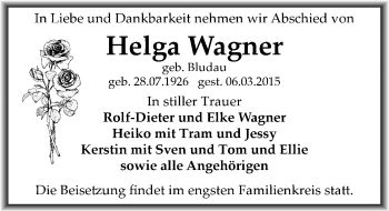 Traueranzeige von Helga Wagner von Mitteldeutsche Zeitung Dessau-Roßlau