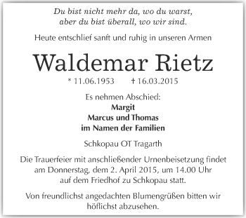 Traueranzeige von Waldemar Rietz von Super Sonntag Halle