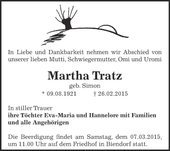 Traueranzeige von Martha Tratz von WVG - Wochenspiegel Bernburg