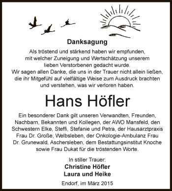 Traueranzeige von Hans Höfler von WVG - Wochenspiegel Aschersleben