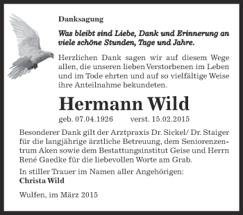 Traueranzeige von Hermann Wild von WVG - Wochenspiegel Dessau / Köthen