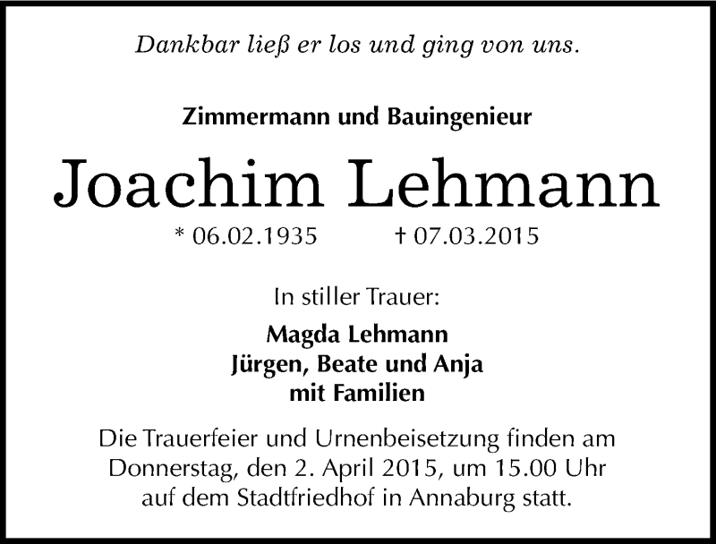  Traueranzeige für Joachim Lehmann vom 14.03.2015 aus Mitteldeutsche Zeitung Wittenberg