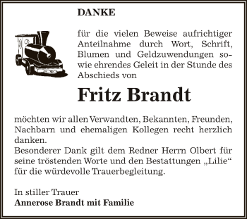 Traueranzeige von Fritz Brandt von WVG - Wochenspiegel Dessau / Köthen