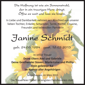 Traueranzeige von Janine Schmidt von Super Sonntag SGH Mansf. Land