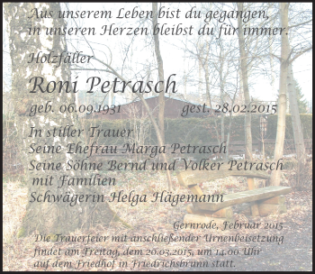 Traueranzeige von Roni Petrasch von Mitteldeutsche Zeitung Quedlinburg