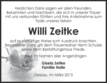 Traueranzeige von Willi Zeitke von WVG - Wochenspiegel Dessau / Köthen