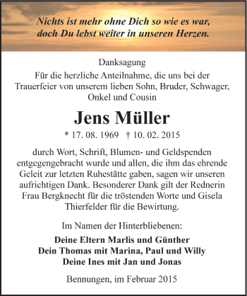 Traueranzeige von Jens Müller von Mitteldeutsche Zeitung Sangerhausen