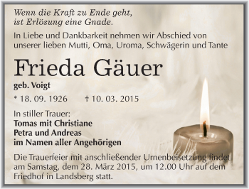 Traueranzeige von Frieda Gäuer von Mitteldeutsche Zeitung Halle/Saalkreis