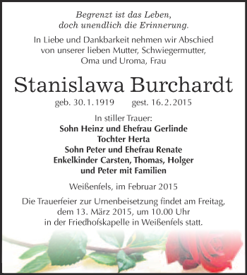 Traueranzeige von Stanislawa Burchardt von Super Sonntag Merseburg