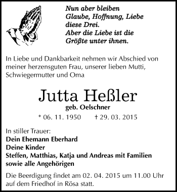 Traueranzeige von Jutta Heßler von Mitteldeutsche Zeitung Bitterfeld
