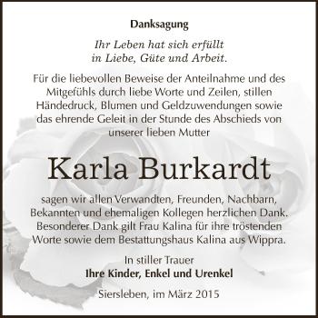 Traueranzeige von Karla Burkardt von Super Sonntag SGH Mansf. Land