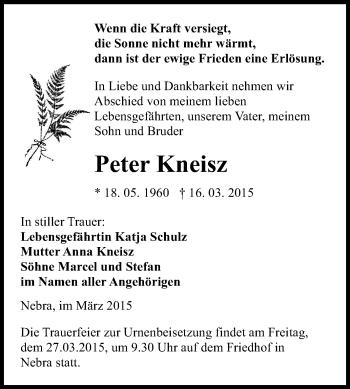 Traueranzeige von Peter Kneisz von WVG - Wochenspiegel NMB / WSF / ZTZ