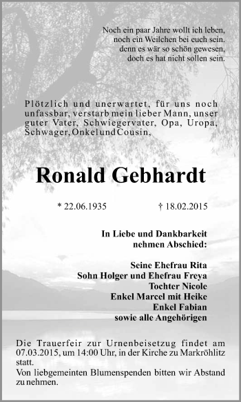 Traueranzeige von Ronald Gebhardt von WVG - Wochenspiegel NMB / WSF / ZTZ