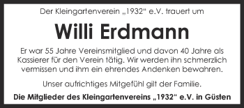 Traueranzeige von Willi Erdmann von Super Sonntag Bernburg